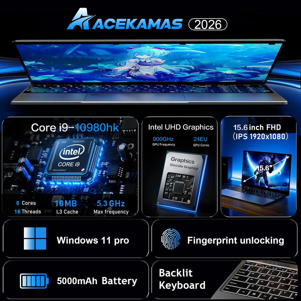 Portátil Intel Core i9 10980HK (modelo 2026) con Windows 11 Pro, pantalla de 15,6 pulgadas, 16 GB de RAM, SSD de 1 TB/2 TB, resolución HD (1920x1080), desbloqueo por huella dactilar y teclado retroiluminado.
