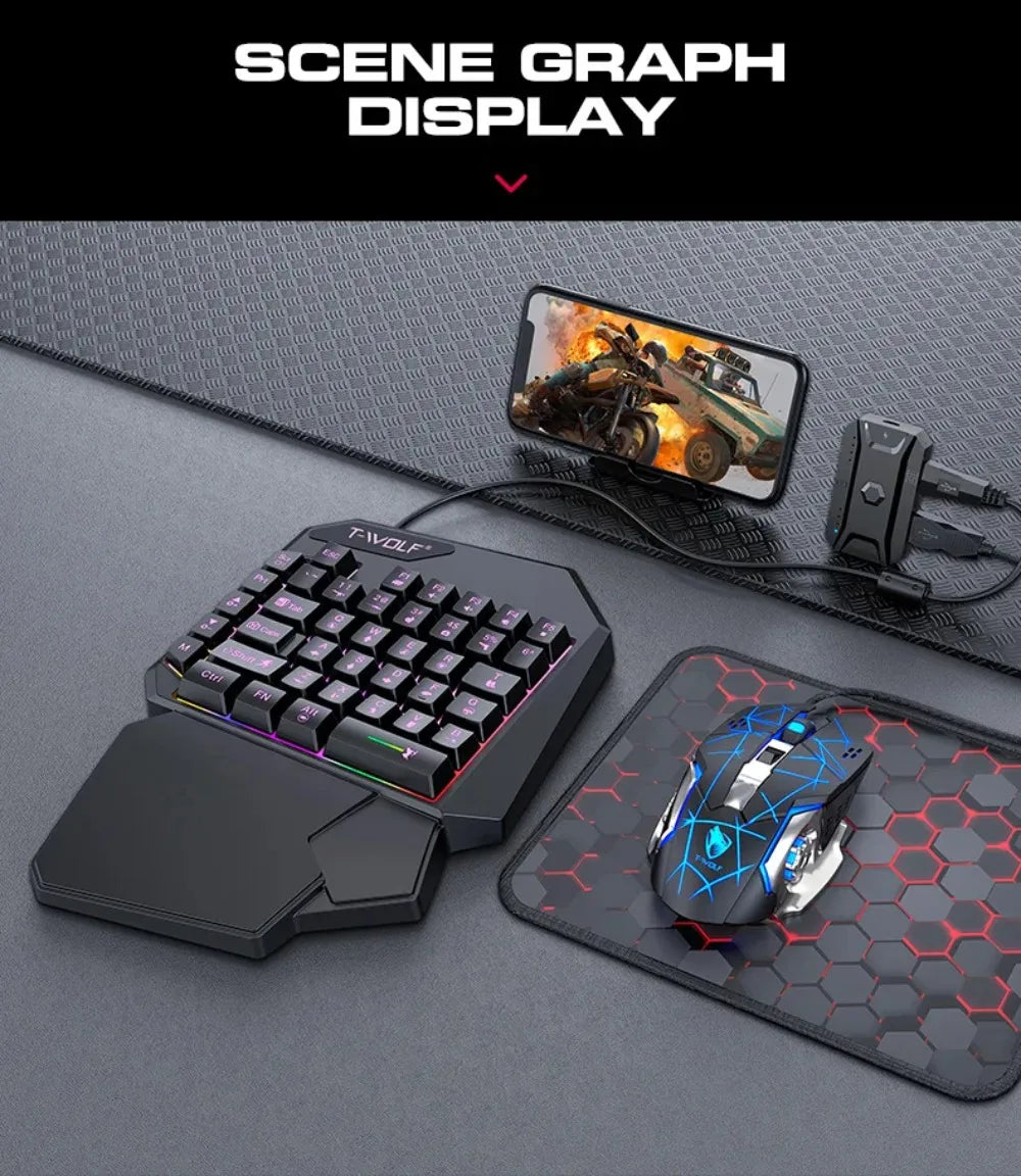 Combo 5 en 1 de teclado y ratón gaming RGB con convertidor para mando de una mano; conexión por cable y baja latencia para PUBG Mobile (Android, iOS y PC).