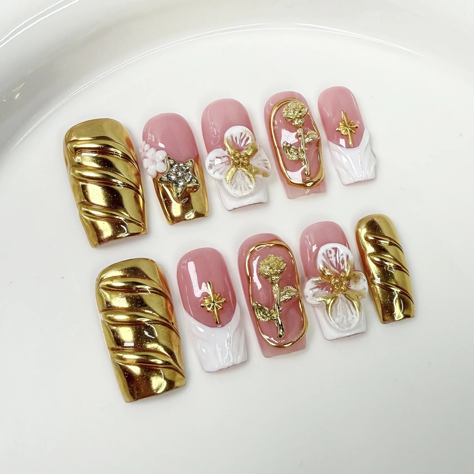 10 piezas de uñas postizas francesas hechas a mano con flores verdes 3D, uñas postizas adhesivas para usar, uñas postizas