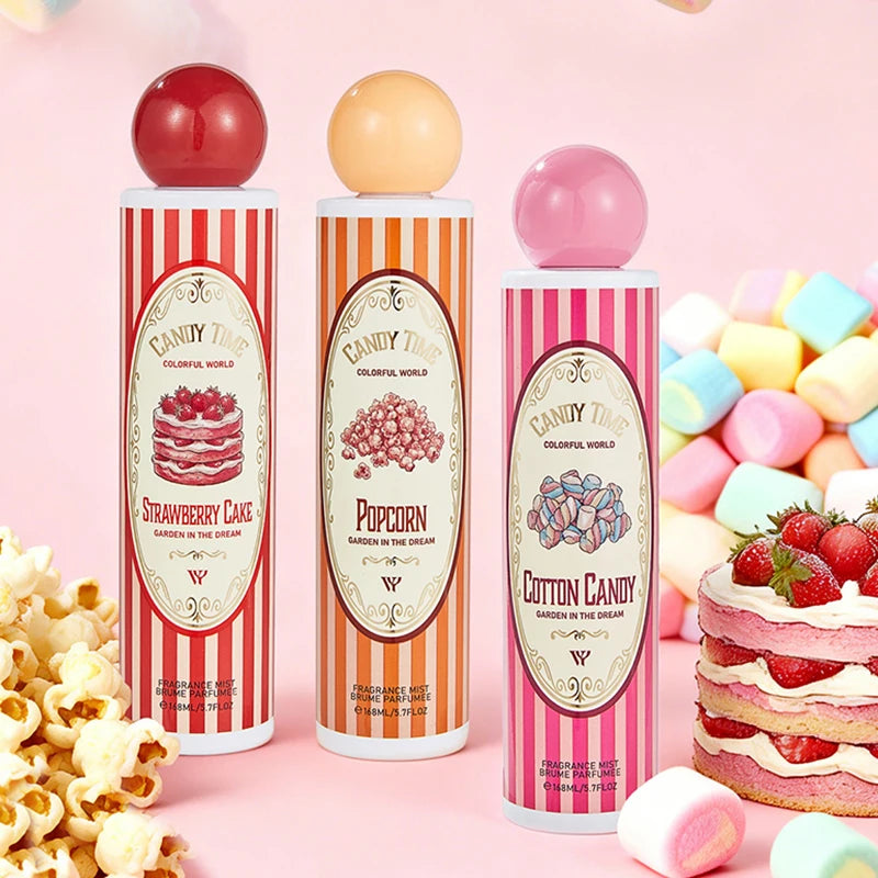 Perfume árabe Dubai Gourmand (168 ml): fragancia fresca y duradera para mujer con notas de coco, pastel de fresa, algodón de azúcar y frutas; formato en spray portátil.