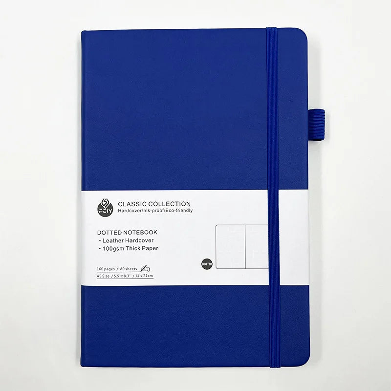 Cuaderno A5 con estampado de puntos y cierre de banda elástica; ideal para oficina, negocios o uso estudiantil; diseño elegante y atractivo.