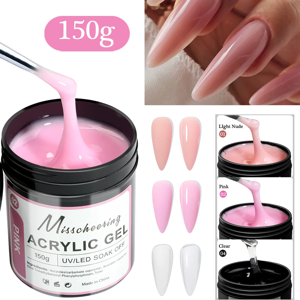 Set de 2 o 3 tarros de gel de poliacrílico (Poly Gel) para uñas: gel constructor de secado UV/LED en tonos nude claro, rosa y transparente; geles sólidos para extensiones de uñas, ideales para uso doméstico o en salón.