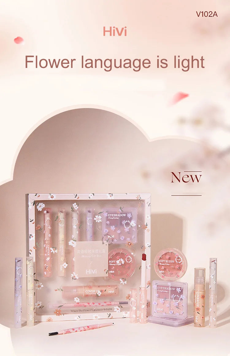 Set de belleza de 8 piezas con labial, corrector, sombra de ojos, producto para cejas y rubor.