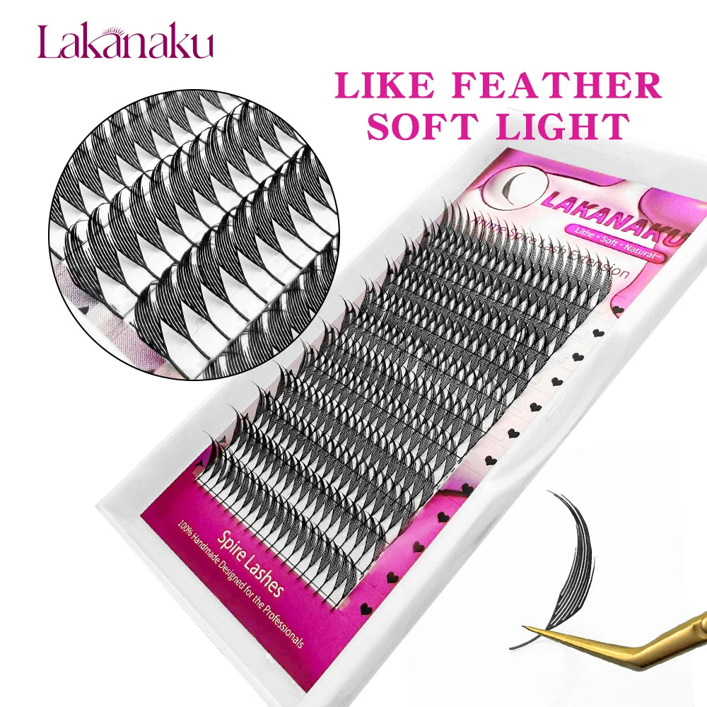 Pestañas LAKANAKU cortadas con láser, modelo "Narrow Spire" (puntas estrechas), fabricadas con fibras tecnológicas; estilo anime con efecto de puntas definidas.