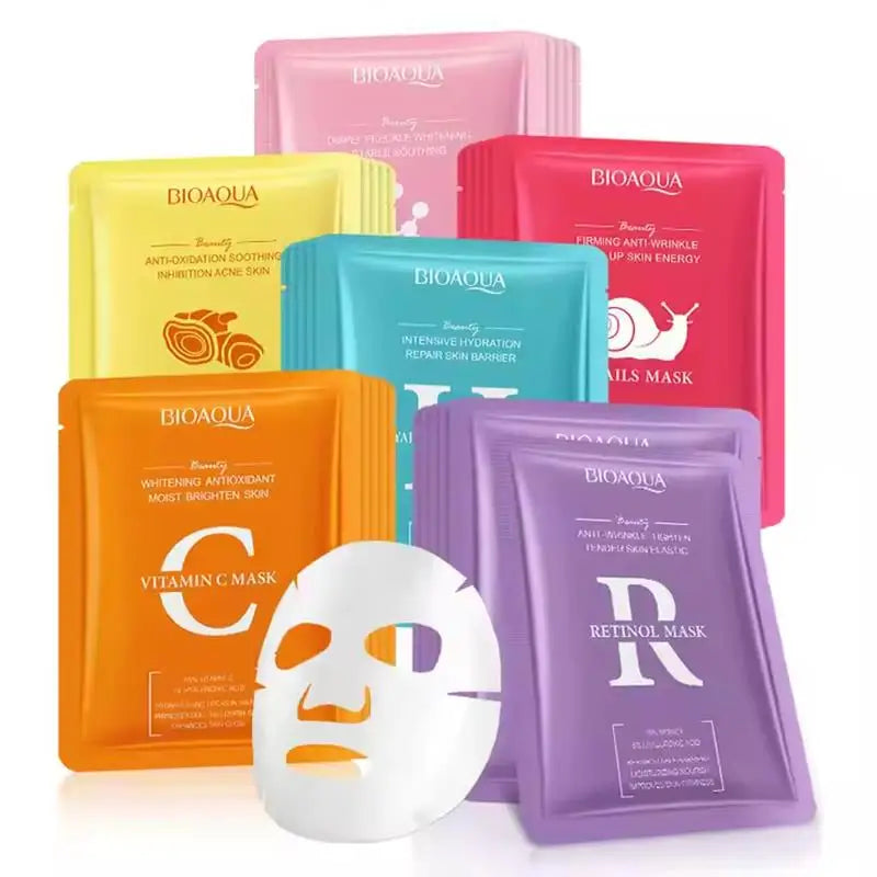 Pack de 5/10 mascarillas faciales BIOAQUA con baba de caracol, ácido hialurónico y retinol; hidratantes y reafirmantes para el cuidado de la piel del rostro.