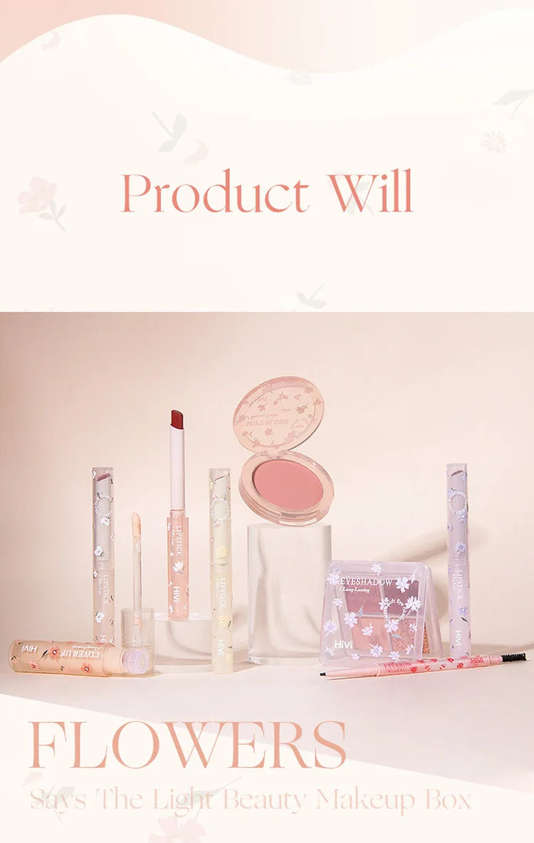 Set de belleza de 8 piezas con labial, corrector, sombra de ojos, producto para cejas y rubor.