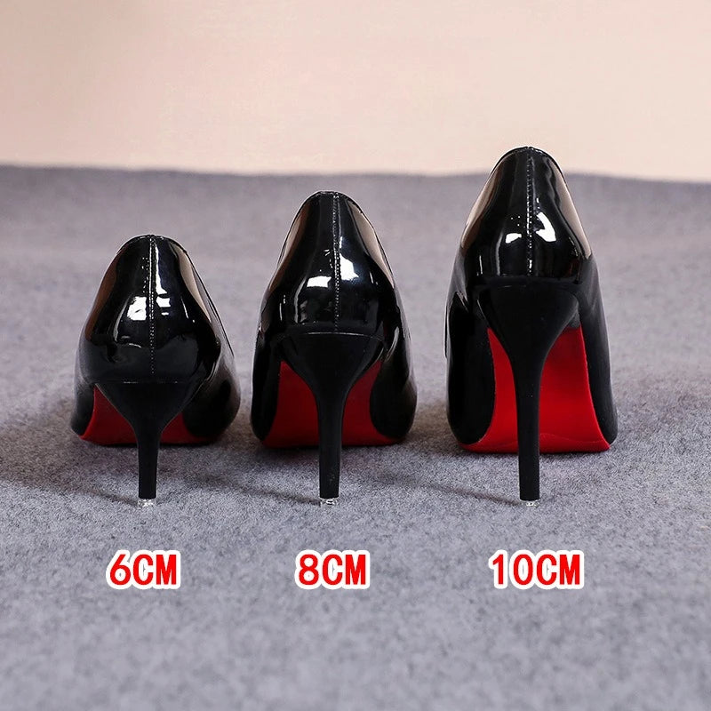 Zapatos de tacón alto y punta fina para mujer, estilo *stiletto* con suela roja; calzado elegante de alta calidad para fiestas y bodas, disponible en tallas grandes.