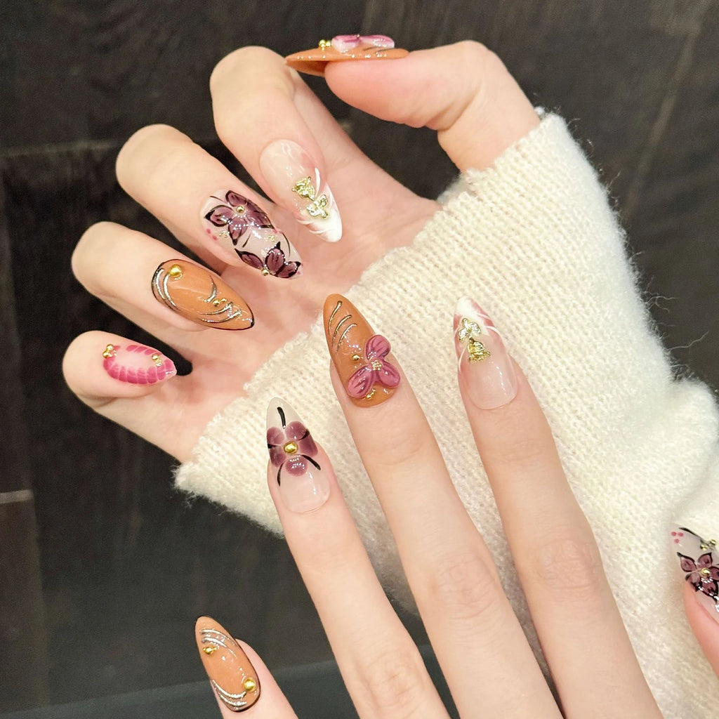 10 uñas postizas hechas a mano con decoración de pétalos tallados en 3D, estilo almendra, de fácil aplicación a presión; herramienta de manicura para mujer, uñas postizas reutilizables.