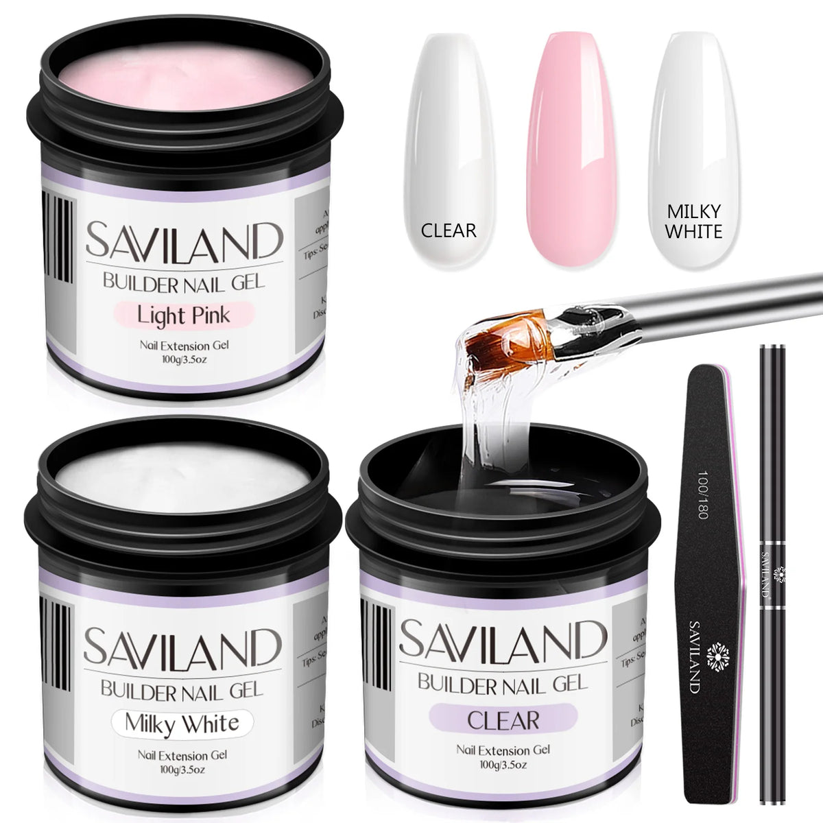Saviland - Gel constructor de uñas de 100 g (tonos blanco, nude y rosa) para extensión de uñas; gel multifuncional para arte de uñas, tipo Soak-Off (remoción con remojo), curado UV, apto para salón y uso doméstico.