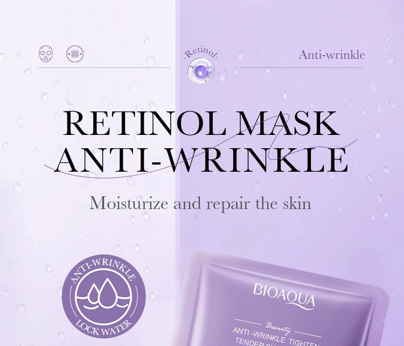 Pack de 5/10 mascarillas faciales BIOAQUA con baba de caracol, ácido hialurónico y retinol; hidratantes y reafirmantes para el cuidado de la piel del rostro.