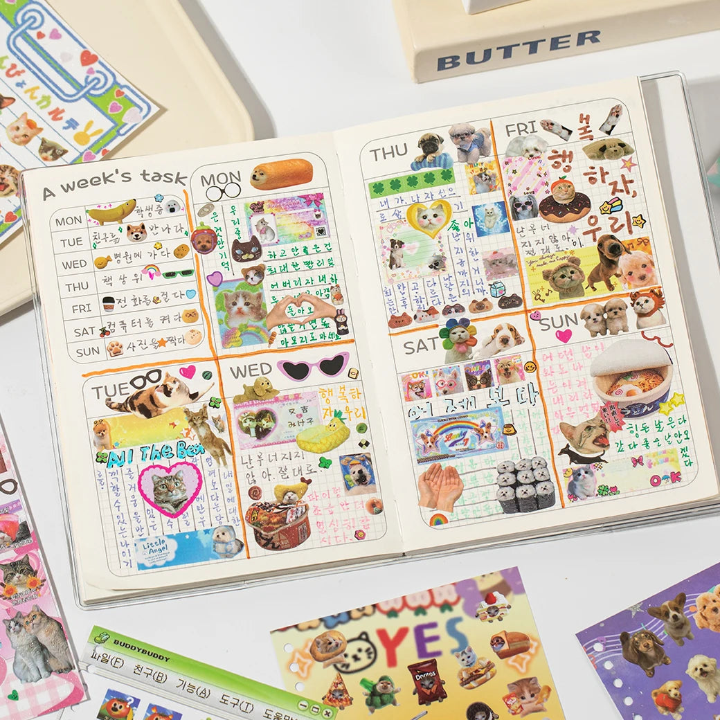 Libro de pegatinas con temática de mascotas adorables (30 hojas/bolsa) con encuadernación de anillas; ideal para scrapbooking, manualidades, collages y decoración de fondos.