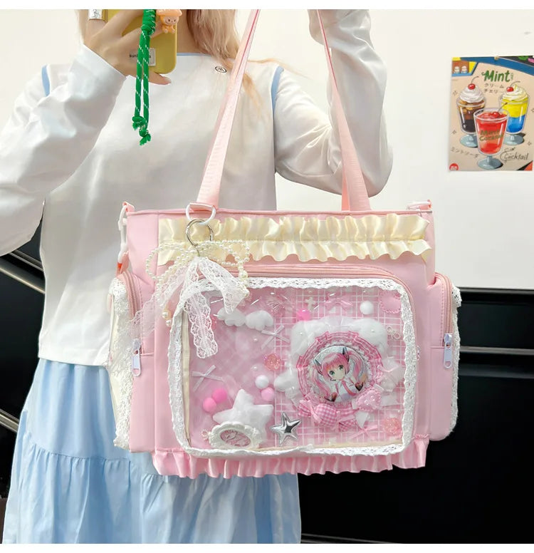 Bolso estilo japonés Y2K tipo "Ita Bag" Lolita: bolso de hombro transparente de gran capacidad, convertible en bandolera casual.