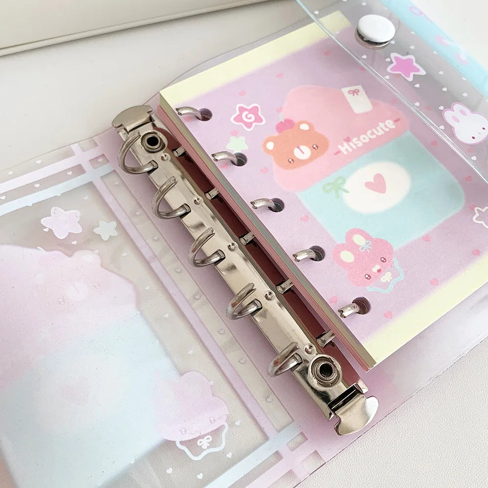 Cuaderno de hojas sueltas M5 con diseño de osito estilo dibujos animados; cuaderno transparente estilo kawaii para estudiantes, artículos de papelería, diario para chicas y libreta de tareas.