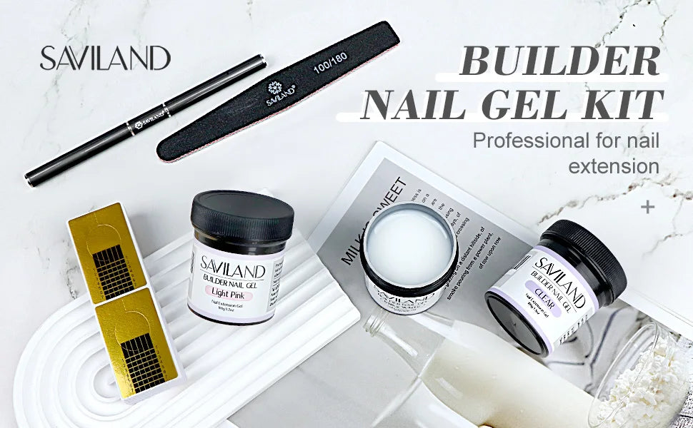 Saviland - Gel constructor de uñas de 100 g (tonos blanco, nude y rosa) para extensión de uñas; gel multifuncional para arte de uñas, tipo Soak-Off (remoción con remojo), curado UV, apto para salón y uso doméstico.