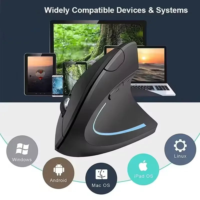 Nuevo ratón vertical inalámbrico recargable (Bluetooth y 2,4 GHz) con diseño ergonómico, agarre lateral personalizado y botones silenciosos; apto para gaming y PC