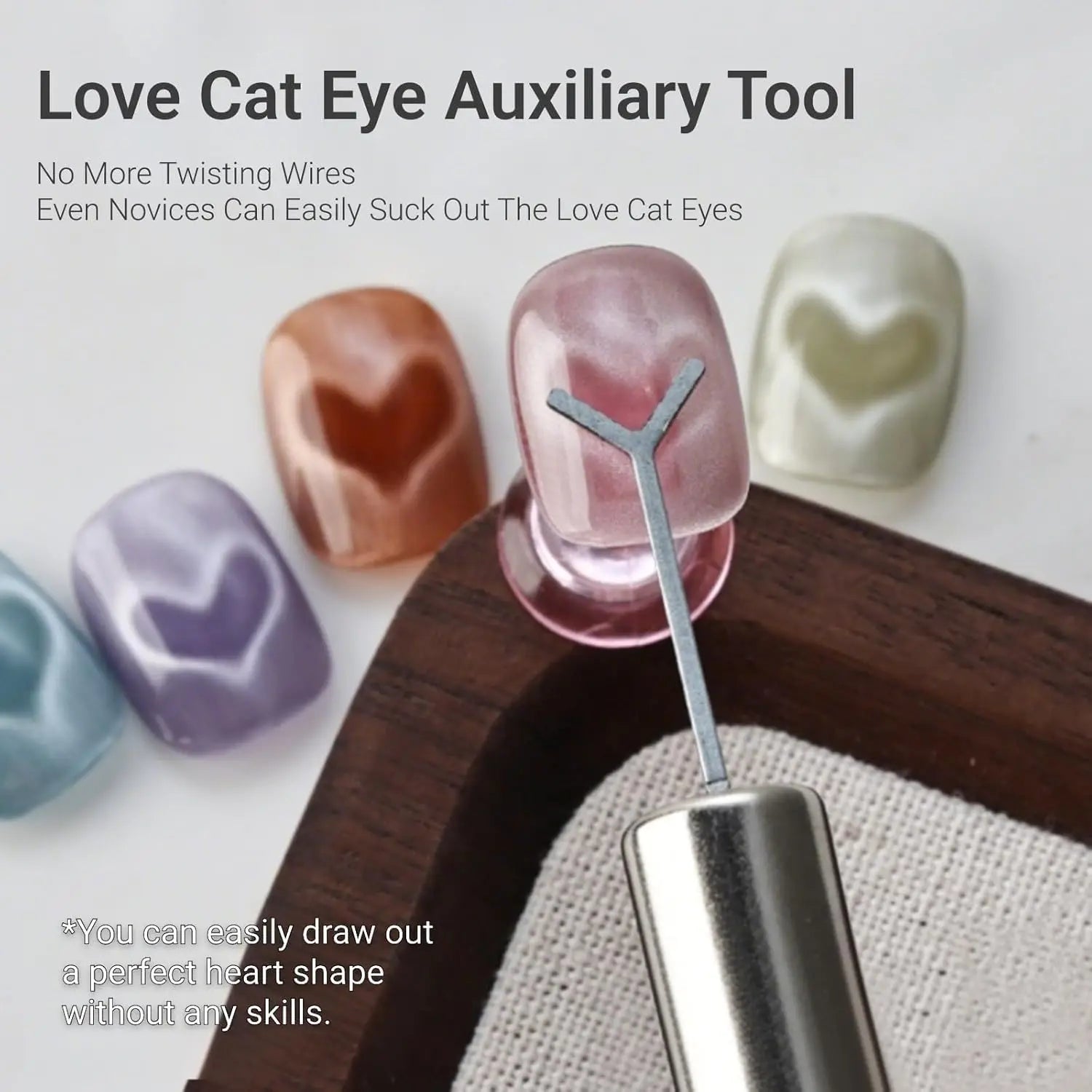 Juego de 2 o 3 imanes para uñas con efecto ojo de gato y forma de corazón (incluye varita magnética en forma de Y y cilíndrica) para crear diseños de manicura estilo francés y corazones con efecto ojo de gato.