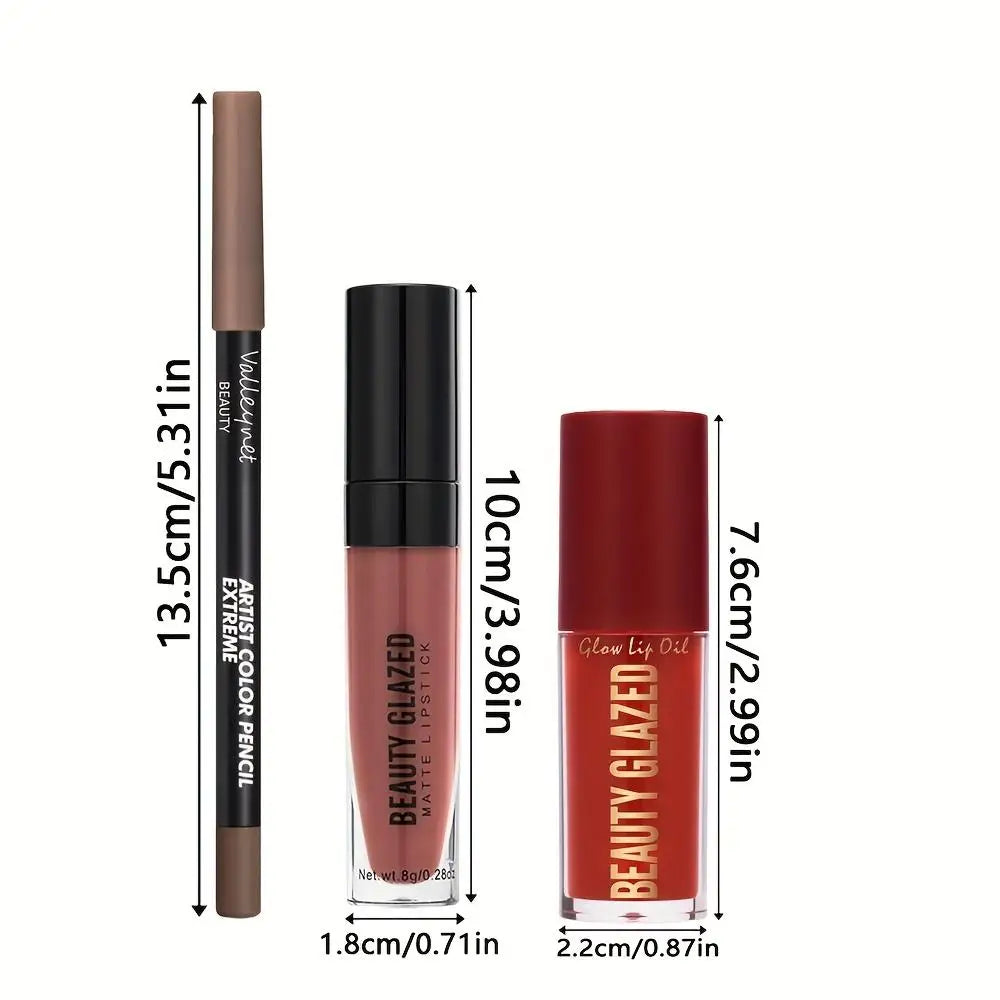 Set de maquillaje de 3 piezas: delineador de labios mate + brillo labial + aceite labial hidratante, de larga duración y fácil aplicación, resistente al agua y al sudor.