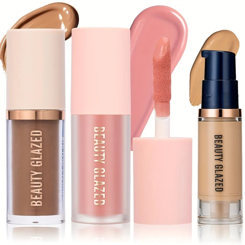 Set de maquillaje facial de 3 piezas (larga duración y resistente al agua): colorete, contorno y base; textura fina, cubre imperfecciones y realza los contornos.