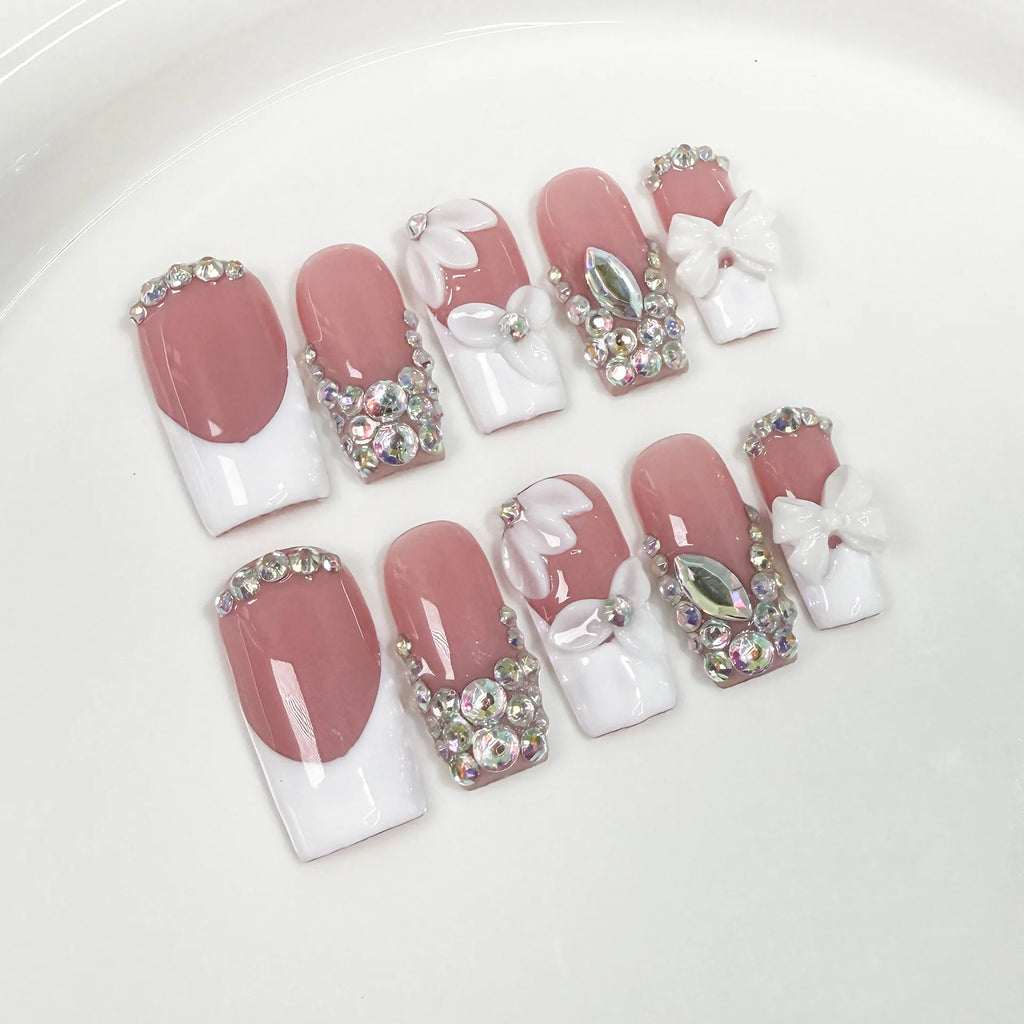 10 piezas de uñas postizas francesas hechas a mano con flores verdes 3D, uñas postizas adhesivas para usar, uñas postizas