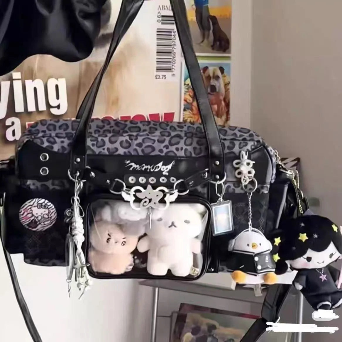 Nuevo bolso de hombro estilo Y2K con estampado de leopardo y panel transparente ; bolso cruzado de gran capacidad,