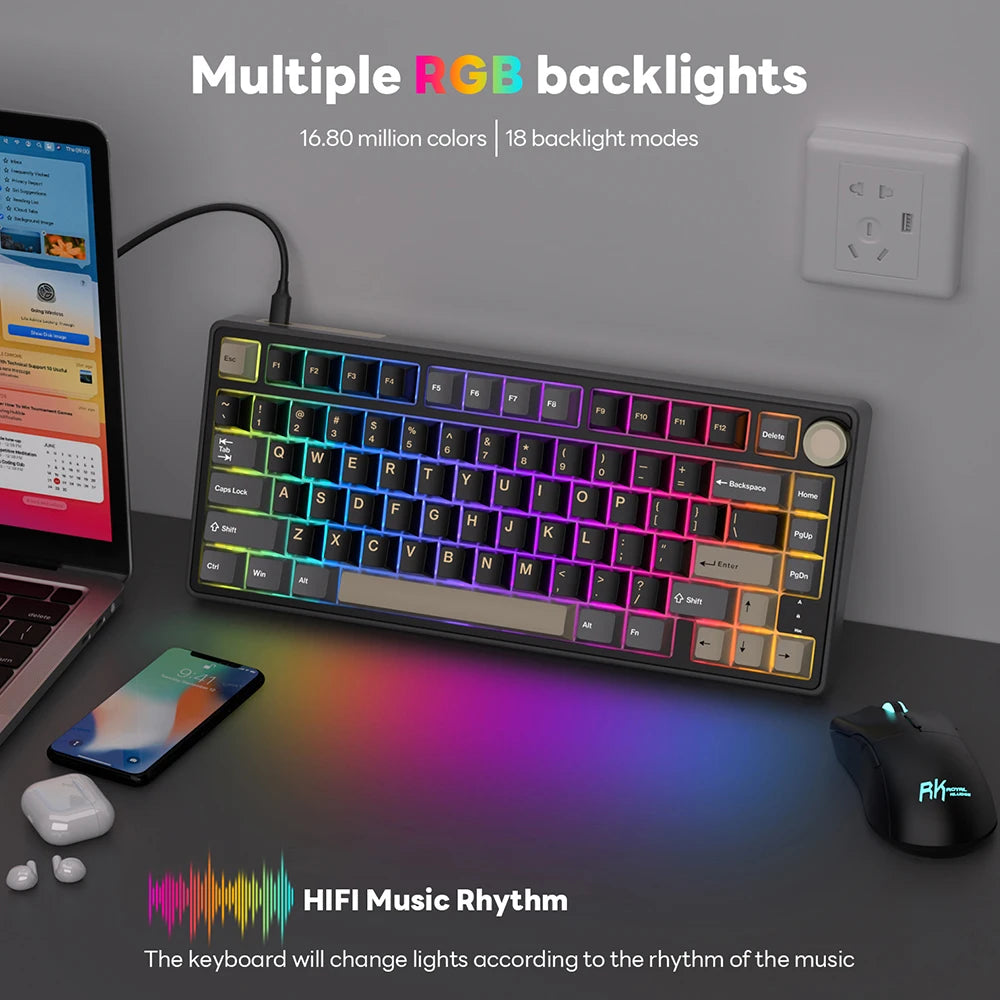 Teclado mecánico RK Royal Kludge R75 (distribución en español) con montaje tipo gasket, formato 80%, retroiluminación RGB, teclas PBT, interruptores intercambiables en caliente (hot-swappable) y rueda de control metálica.