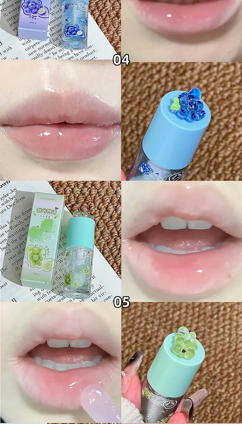 Aceite labial con sabor a frutas Jojo Diary: hidrata y humecta, previene los labios agrietados y reduce las arrugas; ideal para el cuidado de los labios en invierno; brillo labial estilo coreano con acabado acuoso.