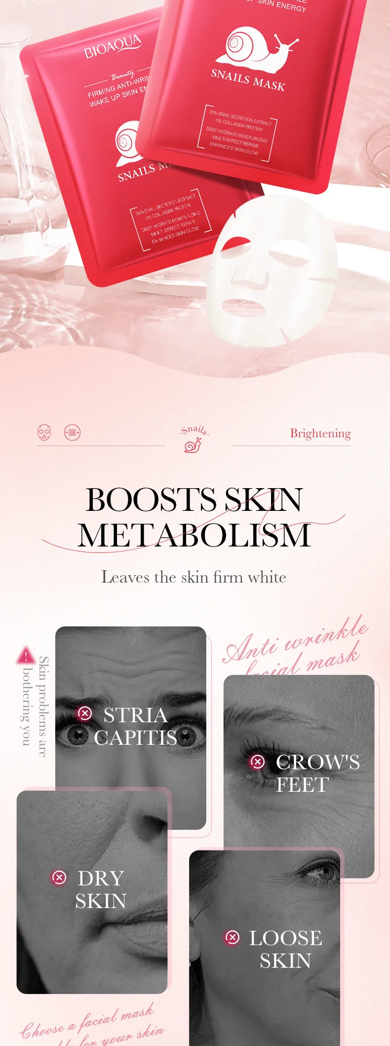 Pack de 5/10 mascarillas faciales BIOAQUA con baba de caracol, ácido hialurónico y retinol; hidratantes y reafirmantes para el cuidado de la piel del rostro.