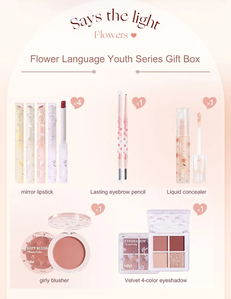 Set de belleza de 8 piezas con labial, corrector, sombra de ojos, producto para cejas y rubor.