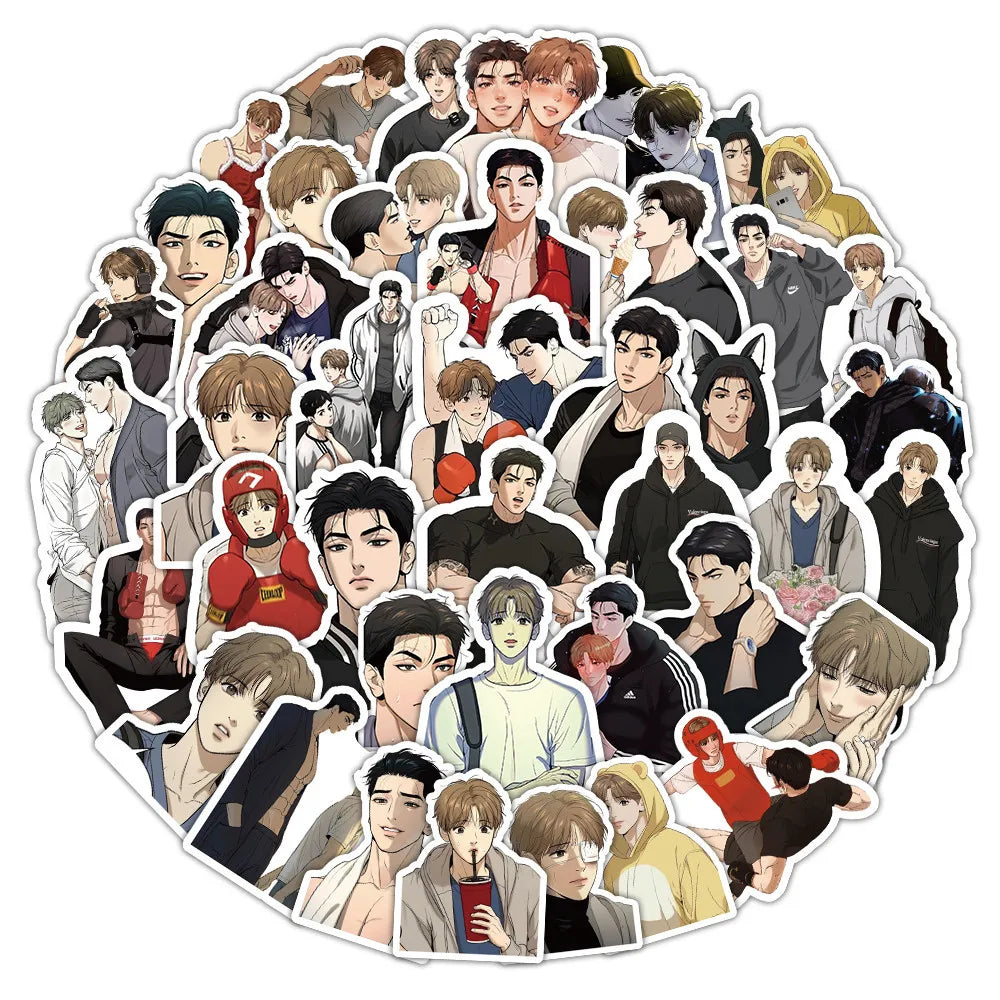 Pack de 53 pegatinas de anime (temática BL/Boys' Love) resistentes al agua; ideales para cascos, bicicletas, diarios, estuches y más.
