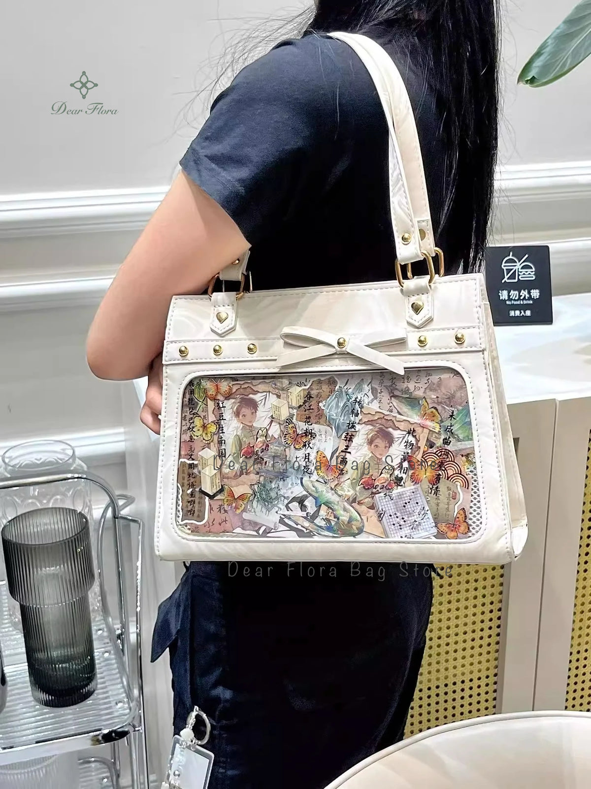 Bolso de hombro vintage estilo Y2K para mujer, tipo Ita Bag con bolsillo transparente, con lazo.