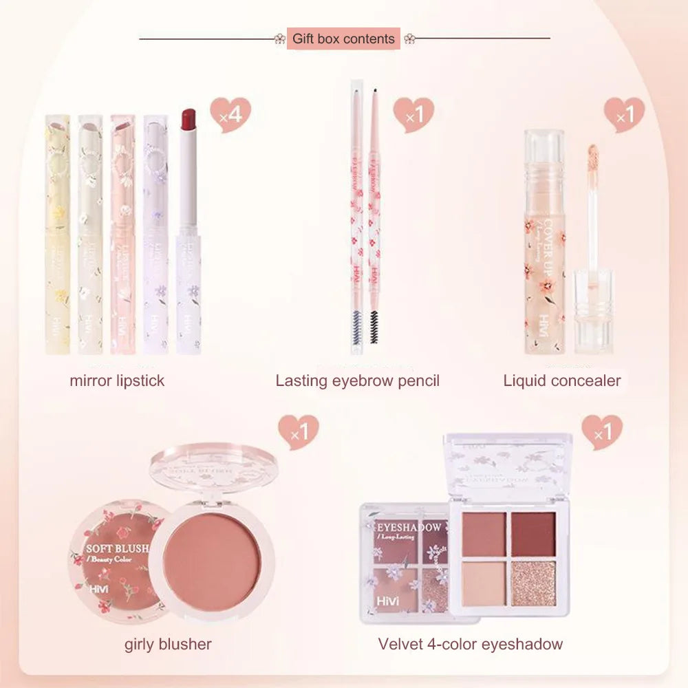 Set de belleza de 8 piezas con labial, corrector, sombra de ojos, producto para cejas y rubor.