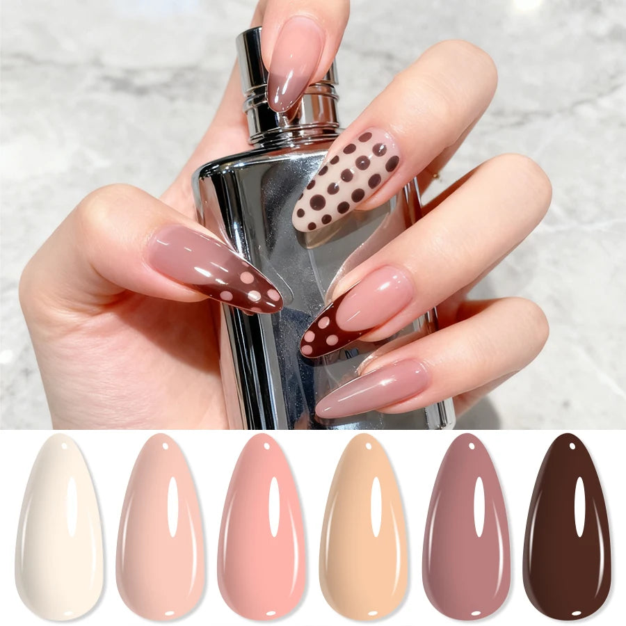 Set de 6 esmaltes de uñas en gel (tonos populares tipo "té con leche"), compatibles con lámpara UV/LED; ideales para nail art, fáciles de aplicar y de retirar (soak-off), aptos para manicura casera o uso en salón.