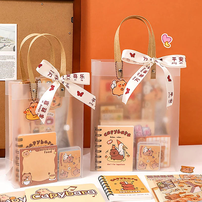 Nuevo set de papelería Kawaii de carpincho: incluye un bolso adorable con diseño de dibujos animados y artículos de papelería; ideal para oficina, estudiantes o como regalo de cumpleaños.
