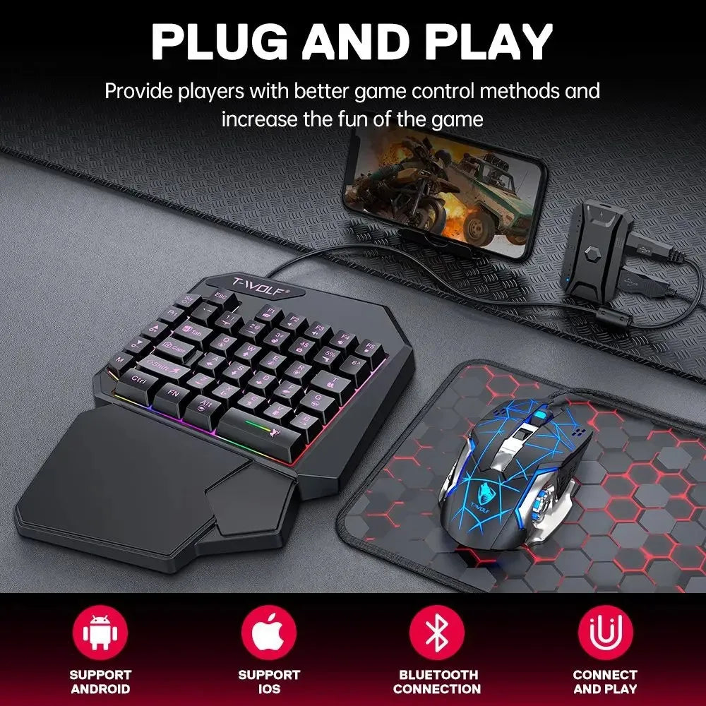 Combo 5 en 1 de teclado y ratón gaming RGB con convertidor para mando de una mano; conexión por cable y baja latencia para PUBG Mobile (Android, iOS y PC).
