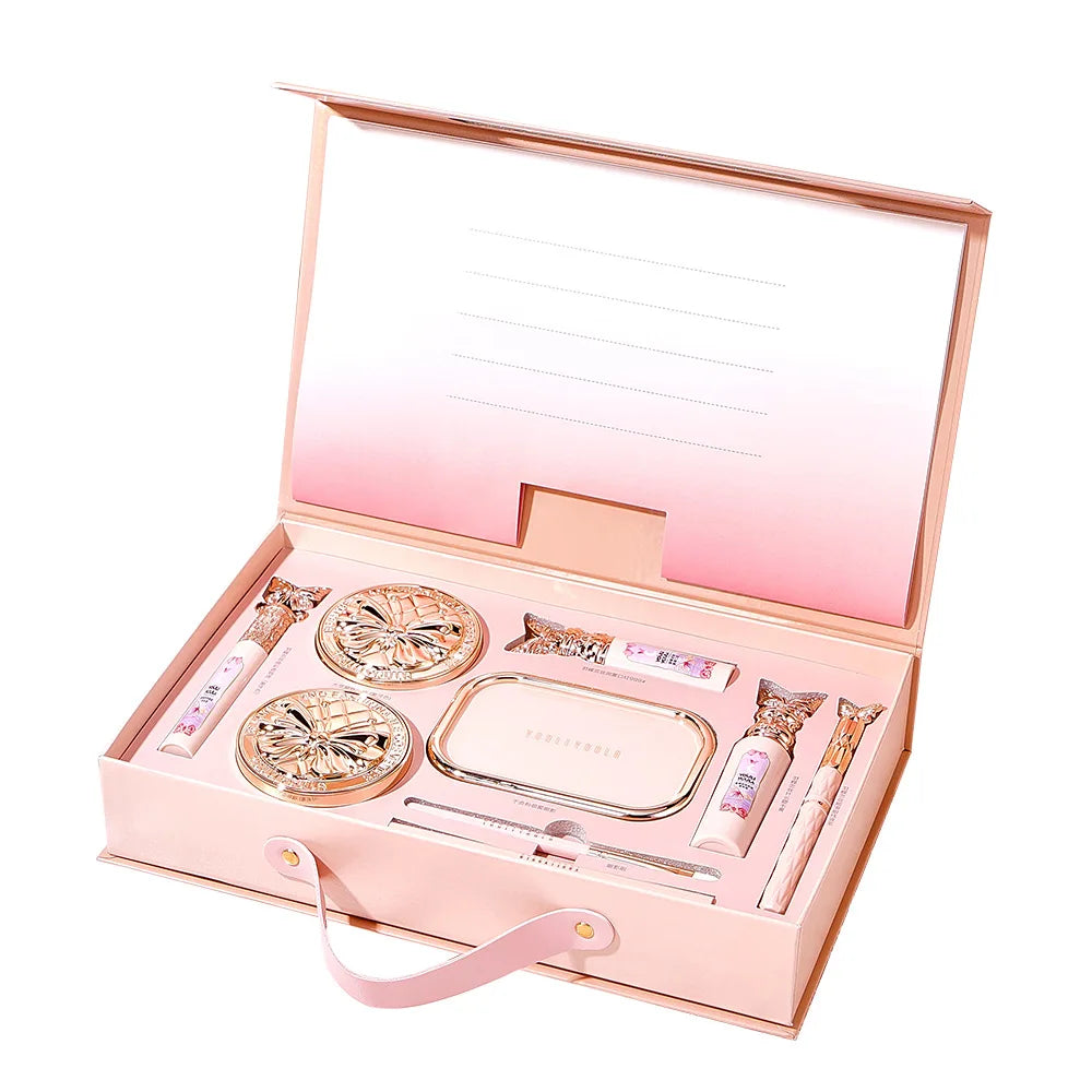 Set de maquillaje completo: labial, sombra de ojos, lápiz de cejas, BB cream tipo *cushion* y máscara de pestañas (9 piezas en caja de regalo).