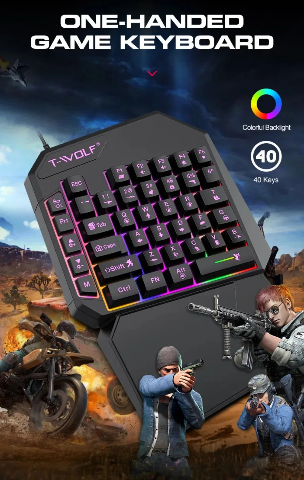 Combo 5 en 1 de teclado y ratón gaming RGB con convertidor para mando de una mano; conexión por cable y baja latencia para PUBG Mobile (Android, iOS y PC).