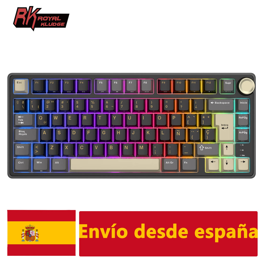 Teclado mecánico RK Royal Kludge R75 (distribución en español) con montaje tipo gasket, formato 80%, retroiluminación RGB, teclas PBT, interruptores intercambiables en caliente (hot-swappable) y rueda de control metálica.