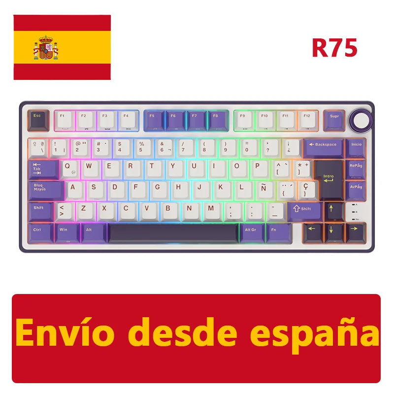 Teclado mecánico RK Royal Kludge R75 (distribución en español) con montaje tipo gasket, formato 80%, retroiluminación RGB, teclas PBT, interruptores intercambiables en caliente (hot-swappable) y rueda de control metálica.