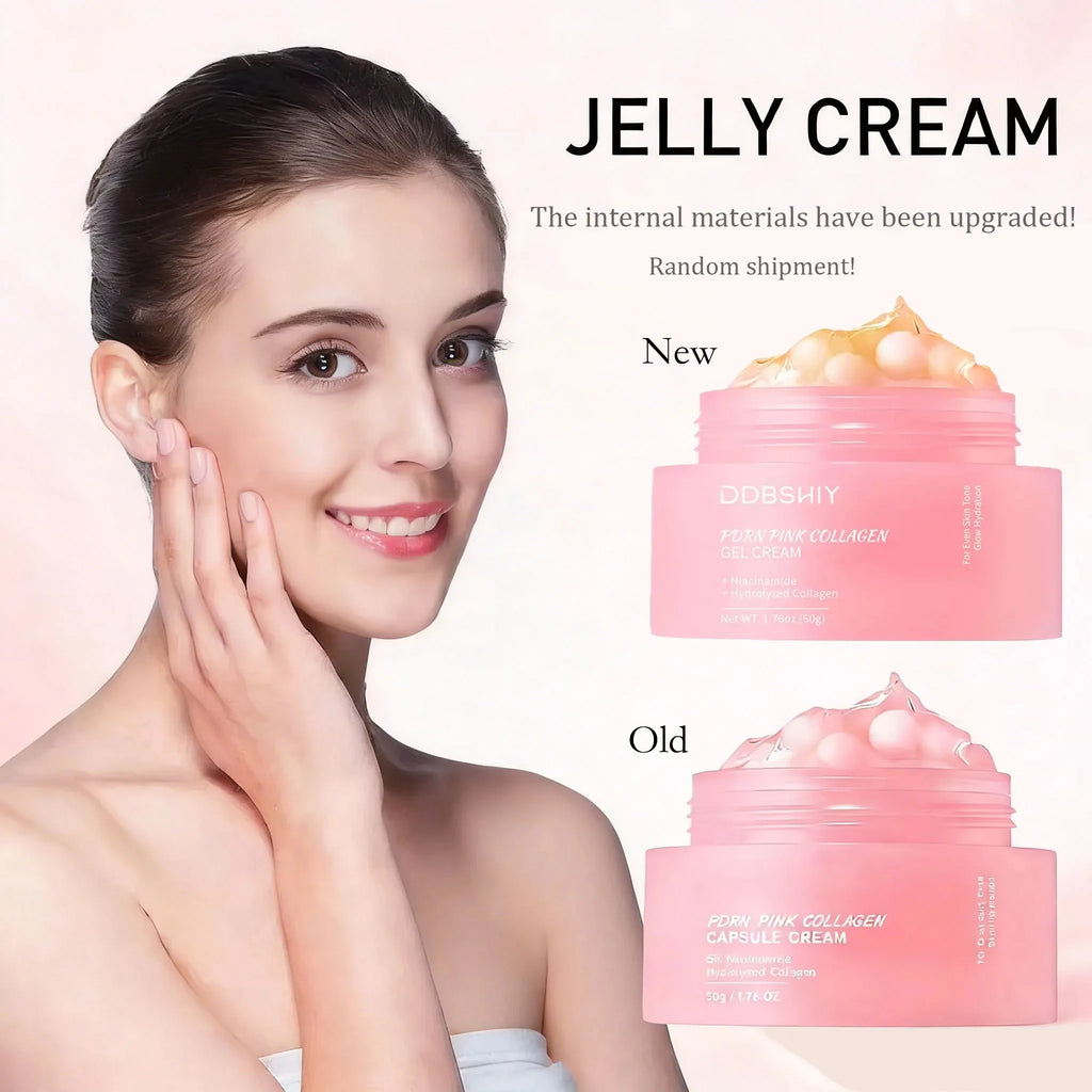 Crema coreana en cápsulas de colágeno rosa y PDRN con niacinamida para tono de piel desigual; hidratante facial ligero y no graso.