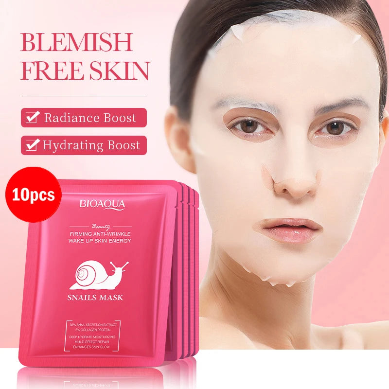 Pack de 5/10 mascarillas faciales BIOAQUA con baba de caracol, ácido hialurónico y retinol; hidratantes y reafirmantes para el cuidado de la piel del rostro.