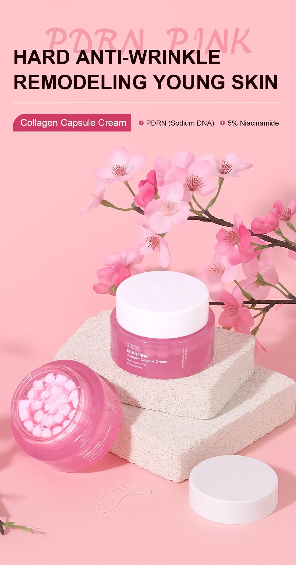 Crema coreana en cápsulas de colágeno rosa y PDRN con niacinamida para tono de piel desigual; hidratante facial ligero y no graso.