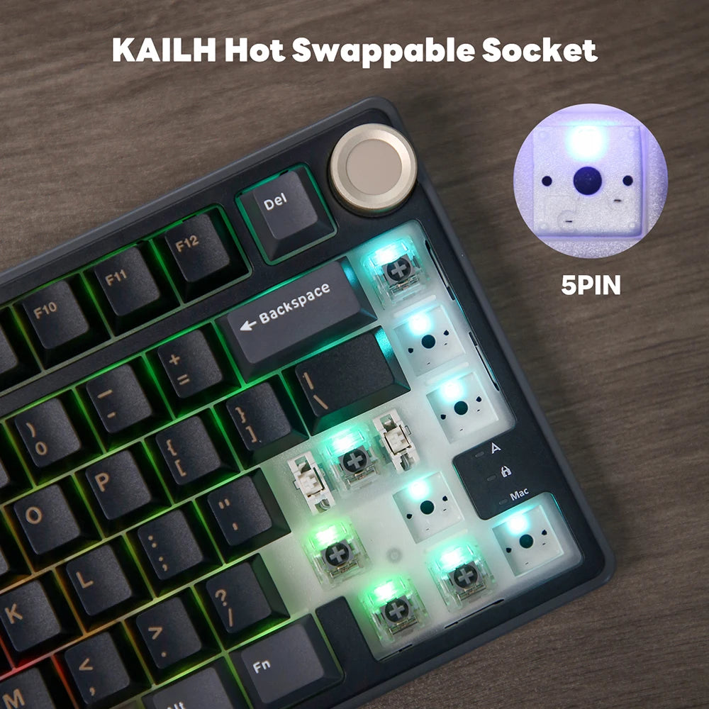 Teclado mecánico RK Royal Kludge R75 (distribución en español) con montaje tipo gasket, formato 80%, retroiluminación RGB, teclas PBT, interruptores intercambiables en caliente (hot-swappable) y rueda de control metálica.