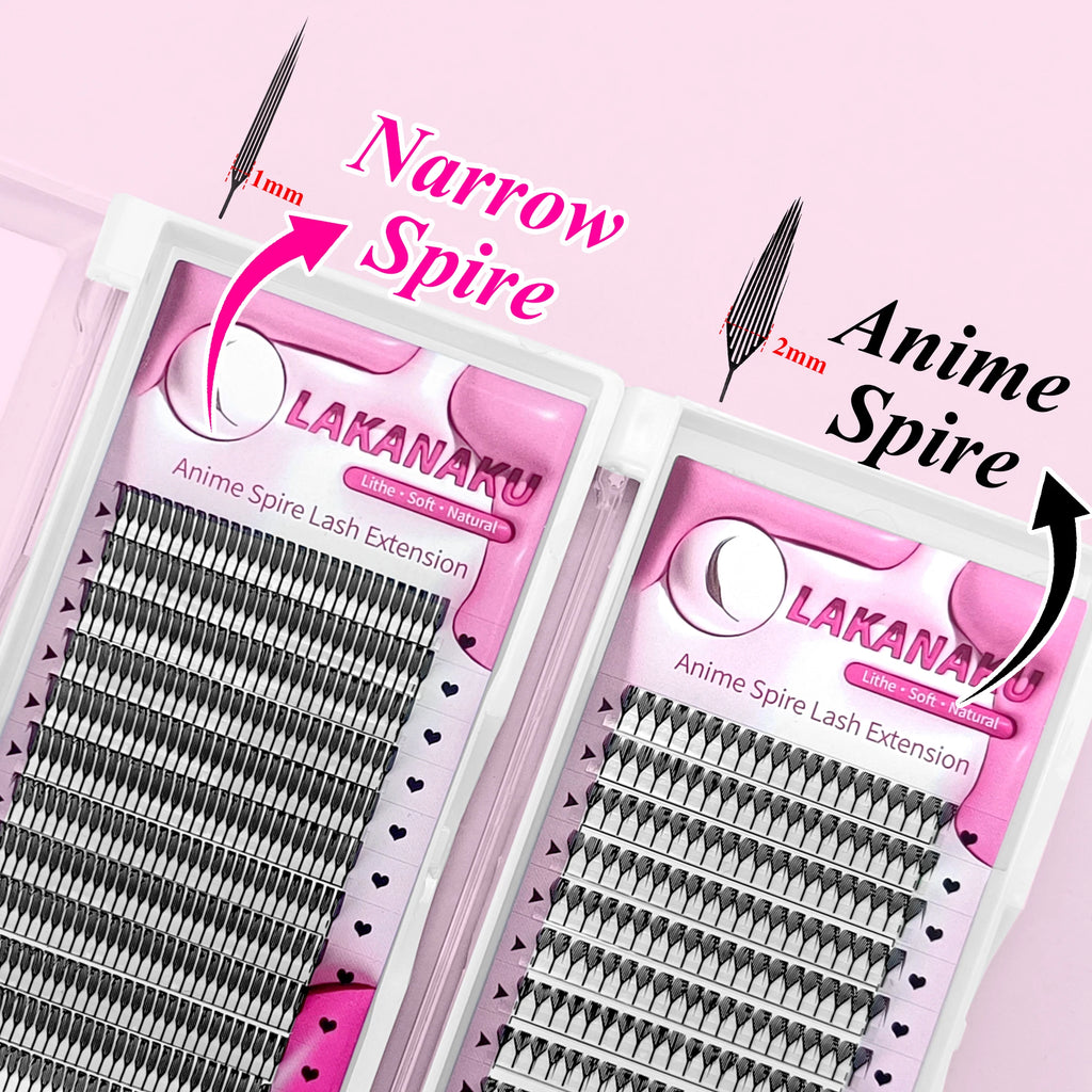 Pestañas LAKANAKU cortadas con láser, modelo "Narrow Spire" (puntas estrechas), fabricadas con fibras tecnológicas; estilo anime con efecto de puntas definidas.