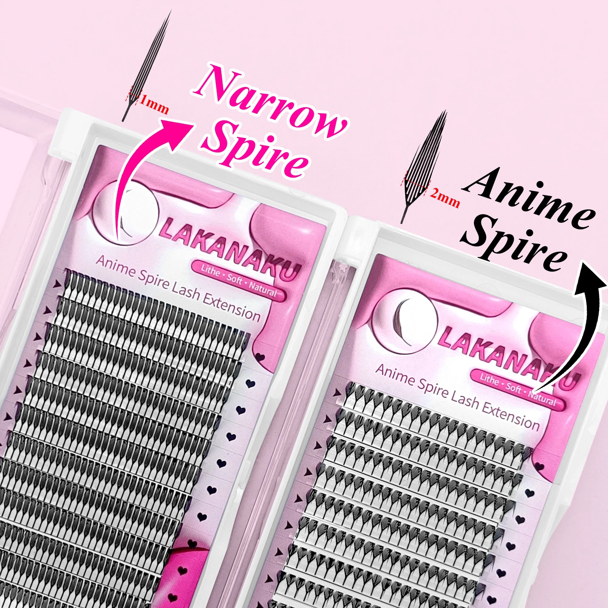 Pestañas LAKANAKU cortadas con láser, modelo "Narrow Spire" (puntas estrechas), fabricadas con fibras tecnológicas; estilo anime con efecto de puntas definidas.
