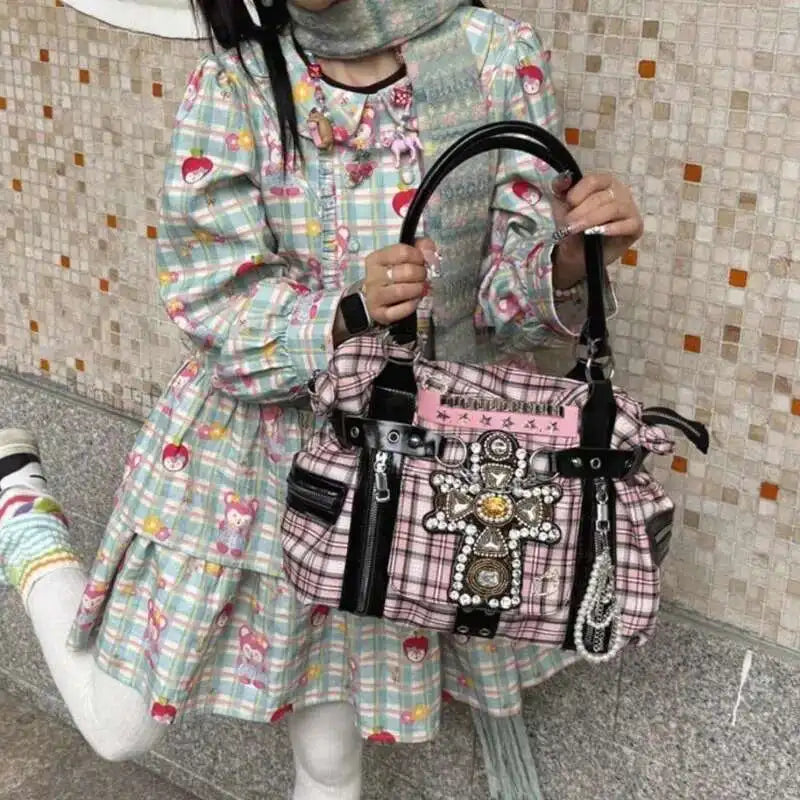 Bolso de hombro rosa a cuadros estilo Y2K; bolso de mano de gran capacidad estilo Harajuku; maletín de lona moderno y original tipo tote punk.