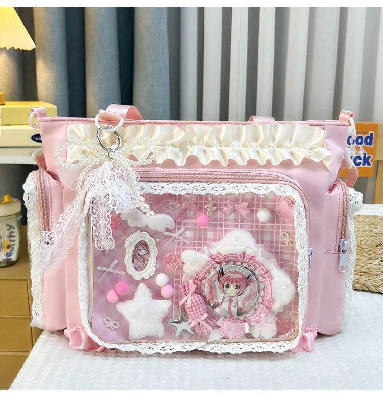 Bolso estilo japonés Y2K tipo "Ita Bag" Lolita: bolso de hombro transparente de gran capacidad, convertible en bandolera casual.
