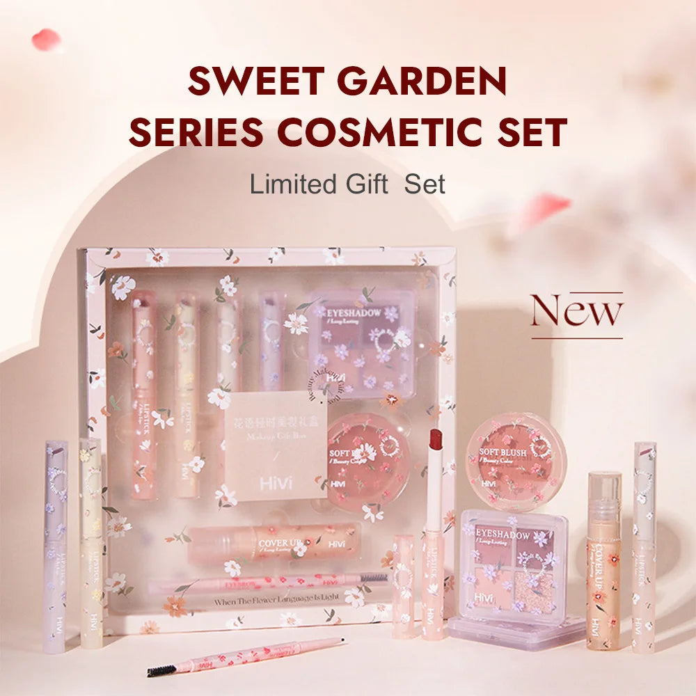 Set de belleza de 8 piezas con labial, corrector, sombra de ojos, producto para cejas y rubor.