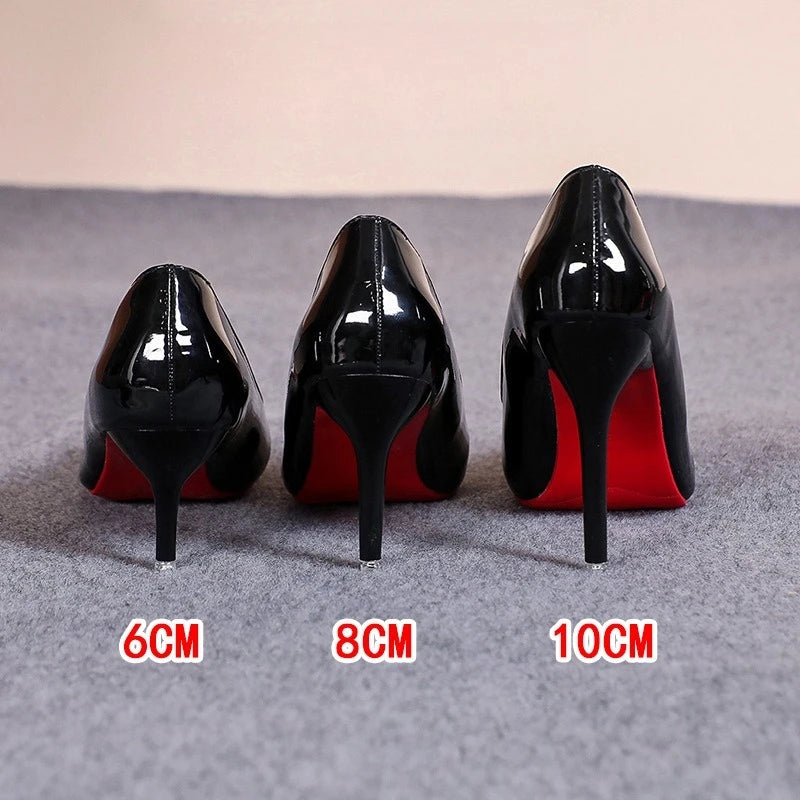 Zapatos de tacón alto y punta fina para mujer, estilo *stiletto* con suela roja; calzado elegante de alta calidad para fiestas y bodas, disponible en tallas grandes.