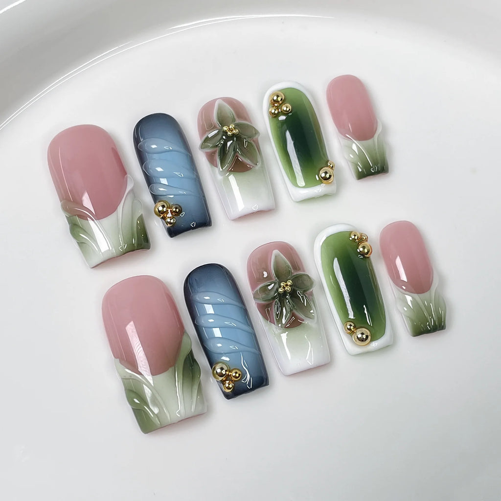 10 piezas de uñas postizas francesas hechas a mano con flores verdes 3D, uñas postizas adhesivas para usar, uñas postizas