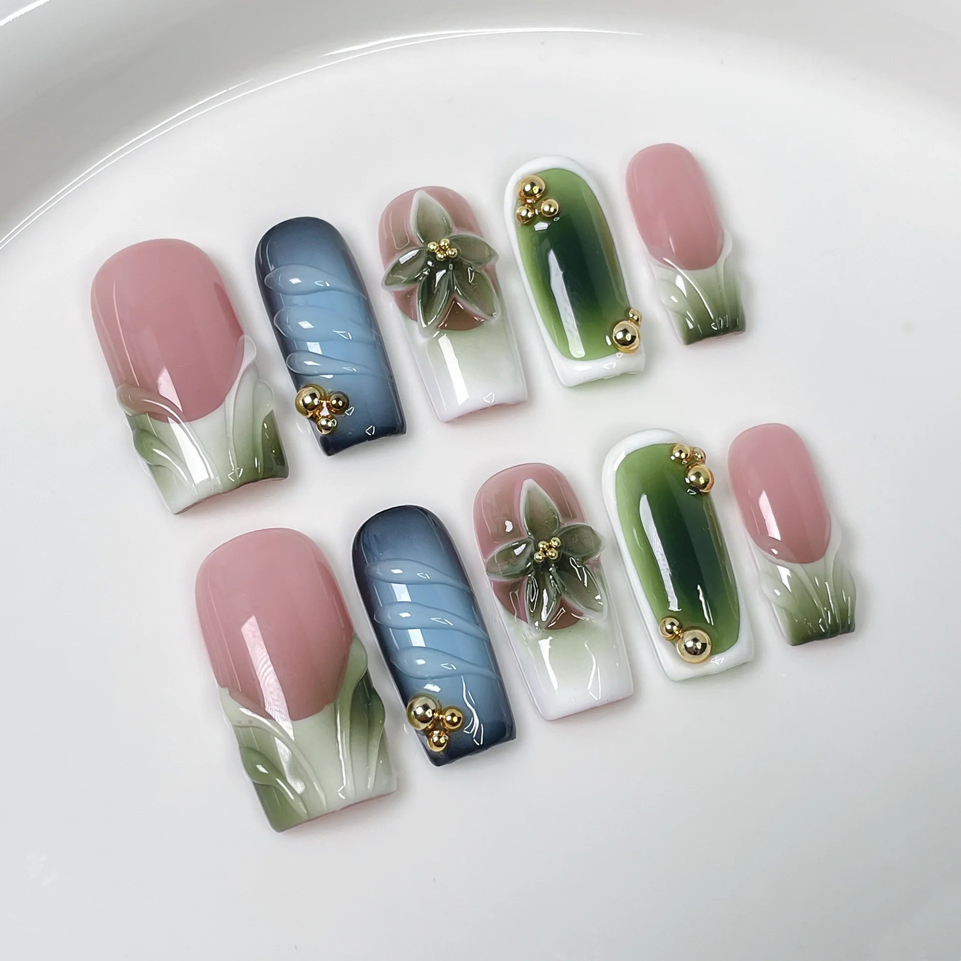 10 piezas de uñas postizas francesas hechas a mano con flores verdes 3D, uñas postizas adhesivas para usar, uñas postizas